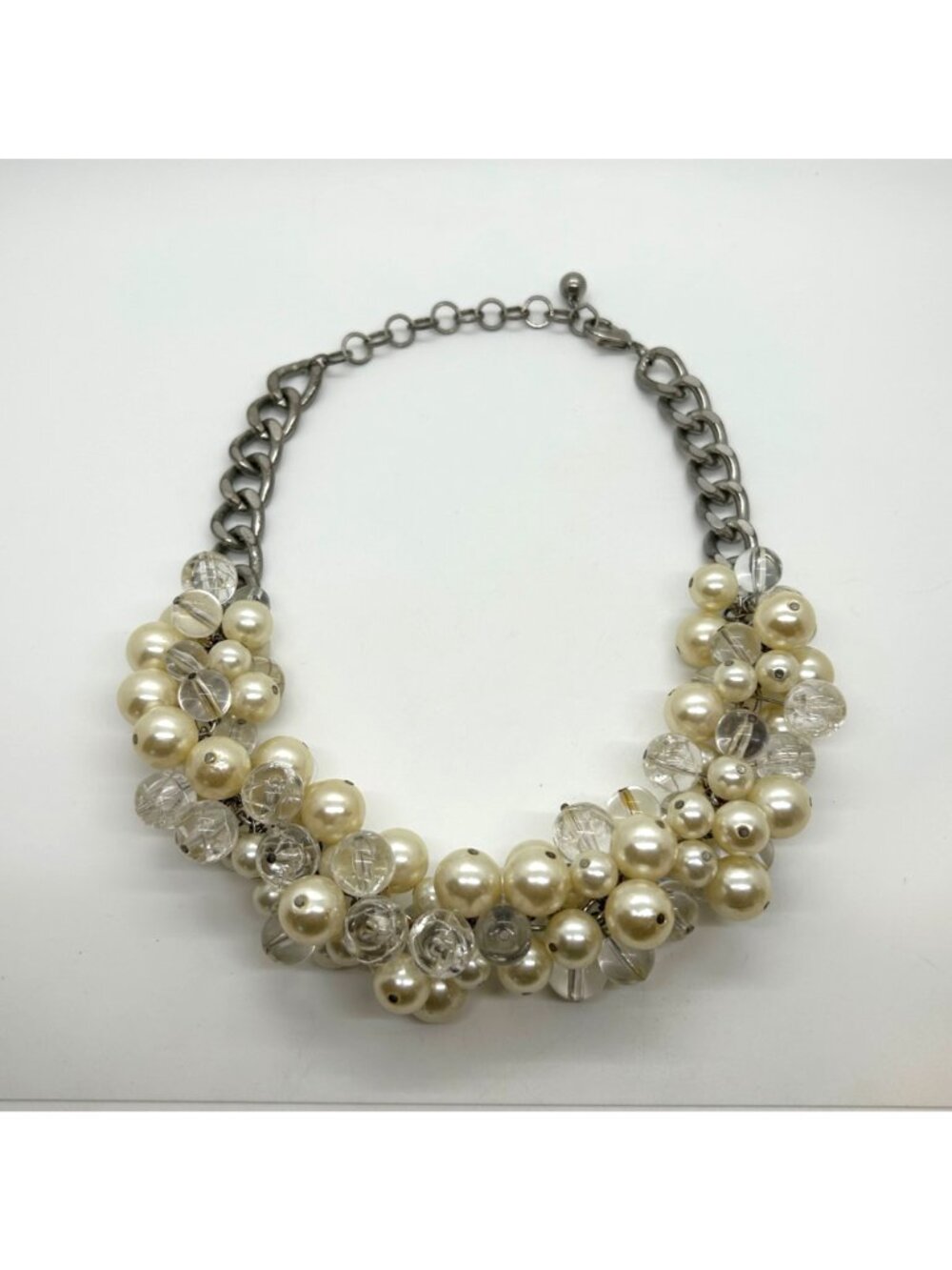 Faux Pearl & Clear Crystal Necklace Chunky Statement Bib Silver-Tone Adjustable - Picture 7 of 15